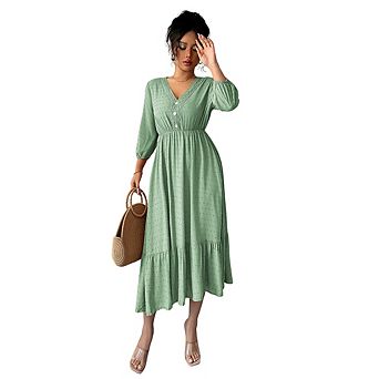 Women V Neck 3/4 Sleeve Swiss Dot Midi Dress Lace Trim Waist Elastic A-Line Ruffle Hem Casual Dress