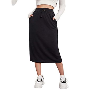 Women's Casual Drawstring High Waist Midi Skirt, Loose Straight Back Split Skirt with Pockets