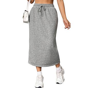 Women's Casual Drawstring High Waist Midi Skirt, Loose Straight Back Split Skirt with Pockets