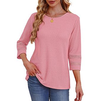 Women's Waffle Knit 3/4 Sleeve Crew Neck Tunic Top Hollow Out Lace Cuffs Casual Loose Fit Blouse