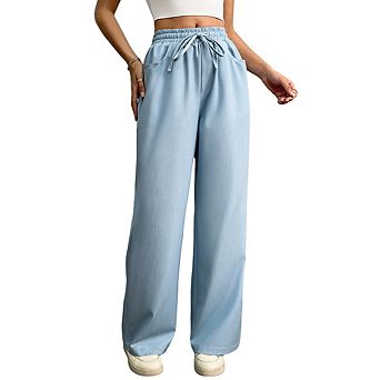 Women's Drawstring Elastic Waist Wide Leg Pants, Casual Loose Fit Trousers with Pockets