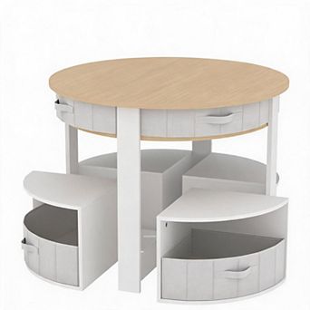 Wooden Round Multi-Activity Desk with Storage Stools and Fabric Drawers