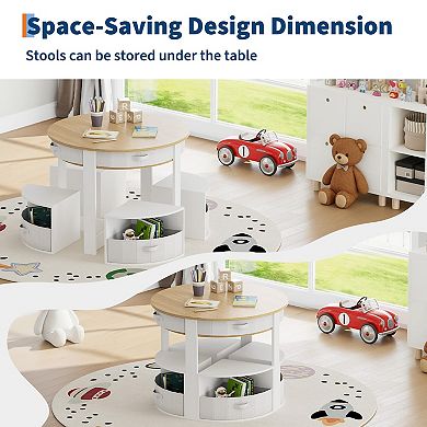 Wooden Round Multi-Activity Desk with Storage Stools and Fabric Drawers