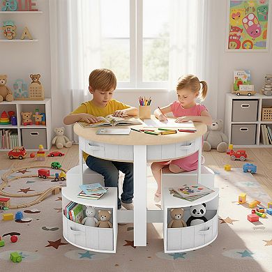 Wooden Round Multi-Activity Desk with Storage Stools and Fabric Drawers