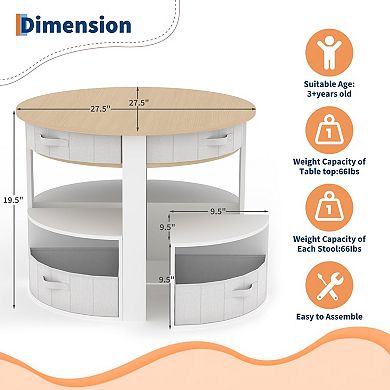 Wooden Round Multi-Activity Desk with Storage Stools and Fabric Drawers