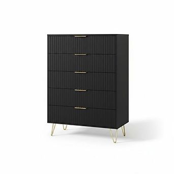 Modern Fluted 5 Drawer Dresser - 32" Wide Tall Wooden Chest with Metal Handles