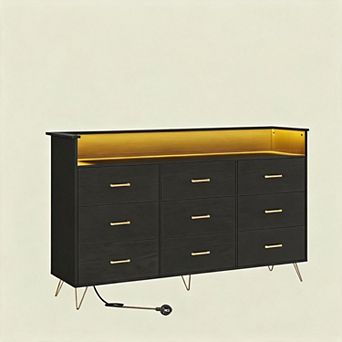 Tall 9-Drawer TV Stand Dresser with RGB Lights & Charging Station, Modern Wooden Storage Chest