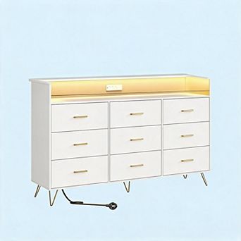 Tall 9-Drawer TV Stand Dresser with RGB Lights & Charging Station, Modern Wooden Storage Chest