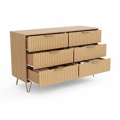 modern fluted dresser IdealHouse 5 Drawer for Bedroom - 43.3 Inch Tall Vertical Chest of Drawers with Golden Metal Handles as if carefully carved art texture Arden Oak Dresser | Modern