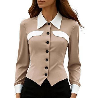Women's Color Block Collared Blouse, Long Sleeve Slim Fit Button Down Work Shirt, Elegant Office Top