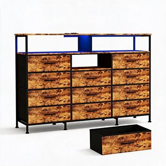 Dresser for Bedroom with 11 Fabric Drawers, Featuring Power Outlet & LED Lights, Wooden Top