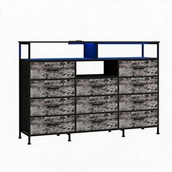 Dresser for Bedroom with 11 Fabric Drawers, Featuring Power Outlet & LED Lights, Wooden Top