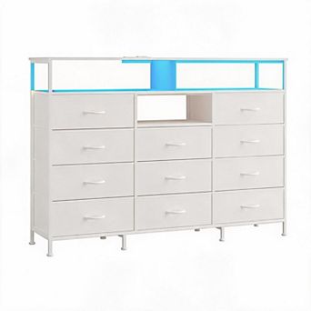 Dresser for Bedroom with 11 Fabric Drawers, Featuring Power Outlet & LED Lights, Wooden Top