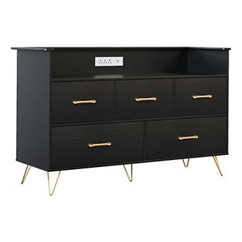 Modern 5 Drawer Dresser with LED Lights & Charging Station 47" Wide Wooden Chest