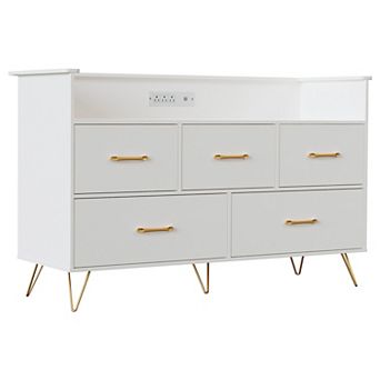 Modern 5 Drawer Dresser with LED Lights & Charging Station 47" Wide Wooden Chest