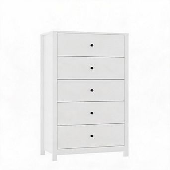 Modern 5 Drawer Wooden Dresser Chest, Tall Cabinet with Deep Storage Drawers, Metal Knobs