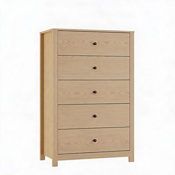 Modern 5 Drawer Wooden Dresser Chest, Tall Cabinet with Deep Storage Drawers, Metal Knobs