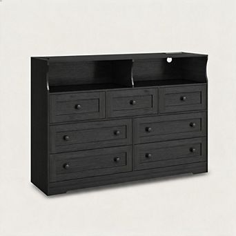 Modern 7-Drawer Dresser with RGB Lights & Charging Station, Long Wooden Chest of Drawers