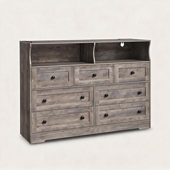 Modern 7-Drawer Dresser with RGB Lights & Charging Station, Long Wooden Chest of Drawers