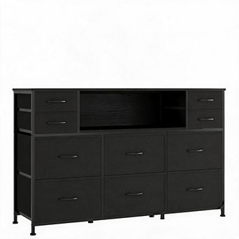 10 Fabric Drawers Dresser with LED Lights, Entertainment Center with Charging Station, Wood Top