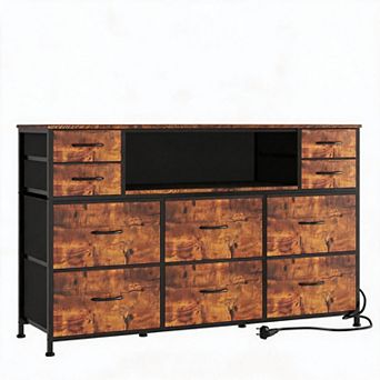 10 Fabric Drawers Dresser with LED Lights, Entertainment Center with Charging Station, Wood Top
