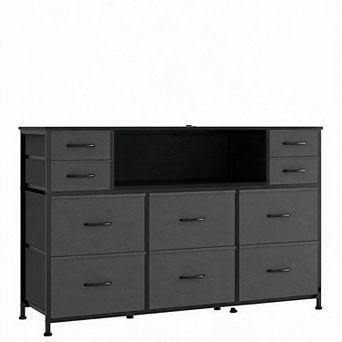 10 Fabric Drawers Dresser with LED Lights, Entertainment Center with Charging Station, Wood Top