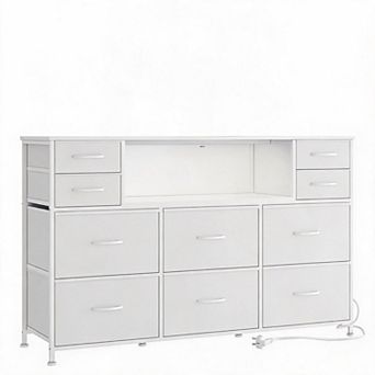 10 Fabric Drawers Dresser with LED Lights, Entertainment Center with Charging Station, Wood Top