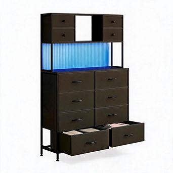 12 Drawer Dresser, Large Fabric Chest of Drawers with LED Light and Charging Station, 3 Open Shelves