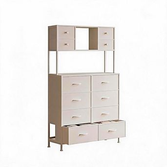 12 Drawer Dresser, Large Fabric Chest of Drawers with LED Light and Charging Station, 3 Open Shelves