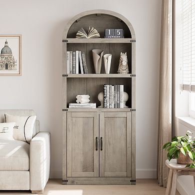 Bookcase with Doors Arched Bookshelf 71.65in Tall Bookcase Farmhouse Cabinet with Shelves