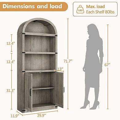 Bookcase with Doors Arched Bookshelf 71.65in Tall Bookcase Farmhouse Cabinet with Shelves