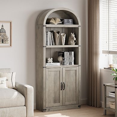 Bookcase with Doors Arched Bookshelf 71.65in Tall Bookcase Farmhouse Cabinet with Shelves