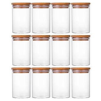 12 pc Round Glass Storage Spice Jars with Bamboo Lids and Stickers for Candy Coffee