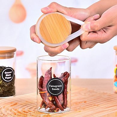 12 Pcs Round Glass Storage Spice Jars with Bamboo Lids and Stickers for Candy Coffee