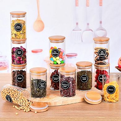 12 Pcs Round Glass Storage Spice Jars with Bamboo Lids and Stickers for Candy Coffee