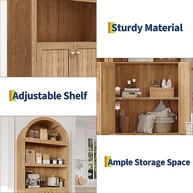 71" Tall Arched Book Shelf, 5-Tier Freestanding Bookshelf with Double Doors and Display Shelves