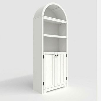 71" Tall Arched Book Shelf, 5 tier Freestanding Bookshelf with Double Doors and Display Shelves