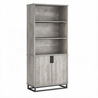 71" Tall 5 tier Farmhouse Bookcase with Doors, Storage Cabinet & Adjustable Shelves