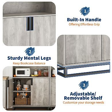 71" Tall 5-Tier Farmhouse Bookcase with Doors, Storage Cabinet & Adjustable Shelves