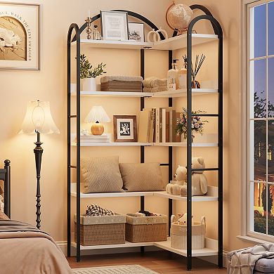 Arched l-Shaped Corner Bookshelf,Industrial Tall Bookcase with Metal Frame,Space-Saving Storage Rack