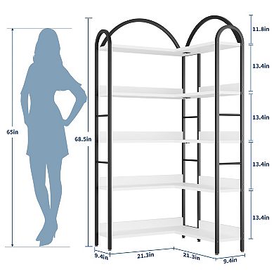 Arched l-Shaped Corner Bookshelf,Industrial Tall Bookcase with Metal Frame,Space-Saving Storage Rack
