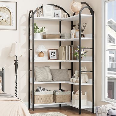 Arched l-Shaped Corner Bookshelf,Industrial Tall Bookcase with Metal Frame,Space-Saving Storage Rack
