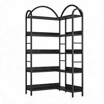 Arched l-Shaped Corner Bookshelf,Industrial Tall Bookcase with Metal Frame,Space-Saving Storage Rack