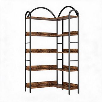 Arched l-Shaped Corner Bookshelf,Industrial Tall Bookcase with Metal Frame,Space-Saving Storage Rack