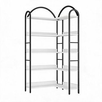 Arched l-Shaped Corner Bookshelf,Industrial Tall Bookcase with Metal Frame,Space-Saving Storage Rack