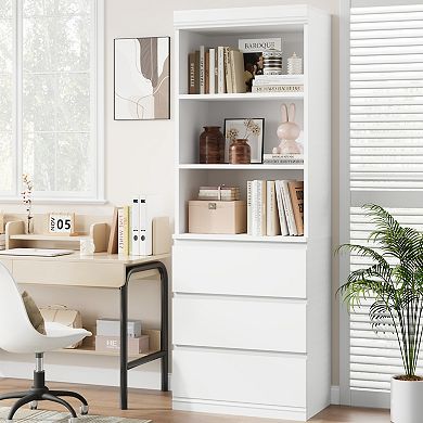 70" Tall Bookcase with Drawers, Bookshelf w/ 3 Tier Open Shelves & 3 Storage Drawers