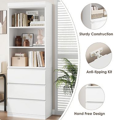 70" Tall Bookcase with Drawers, Bookshelf w/ 3 Tier Open Shelves & 3 Storage Drawers