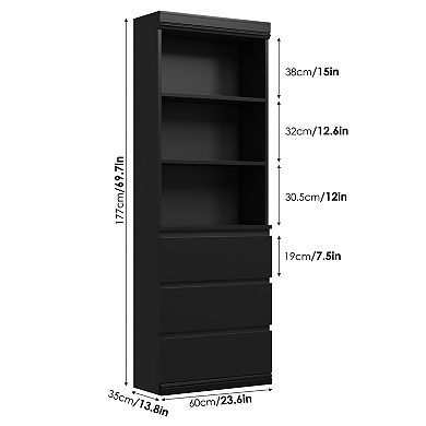 70" Tall Bookcase with Drawers, Bookshelf w/ 3 Tier Open Shelves & 3 Storage Drawers