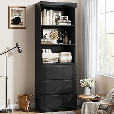 70" Tall Bookcase with Drawers, Bookshelf w/ 3 Tier Open Shelves & 3 Storage Drawers