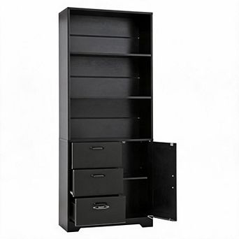 6 tier Bookshelf with Door and 3 Drawers, 71" Tall Bookcase with 3 tier Open Shelves